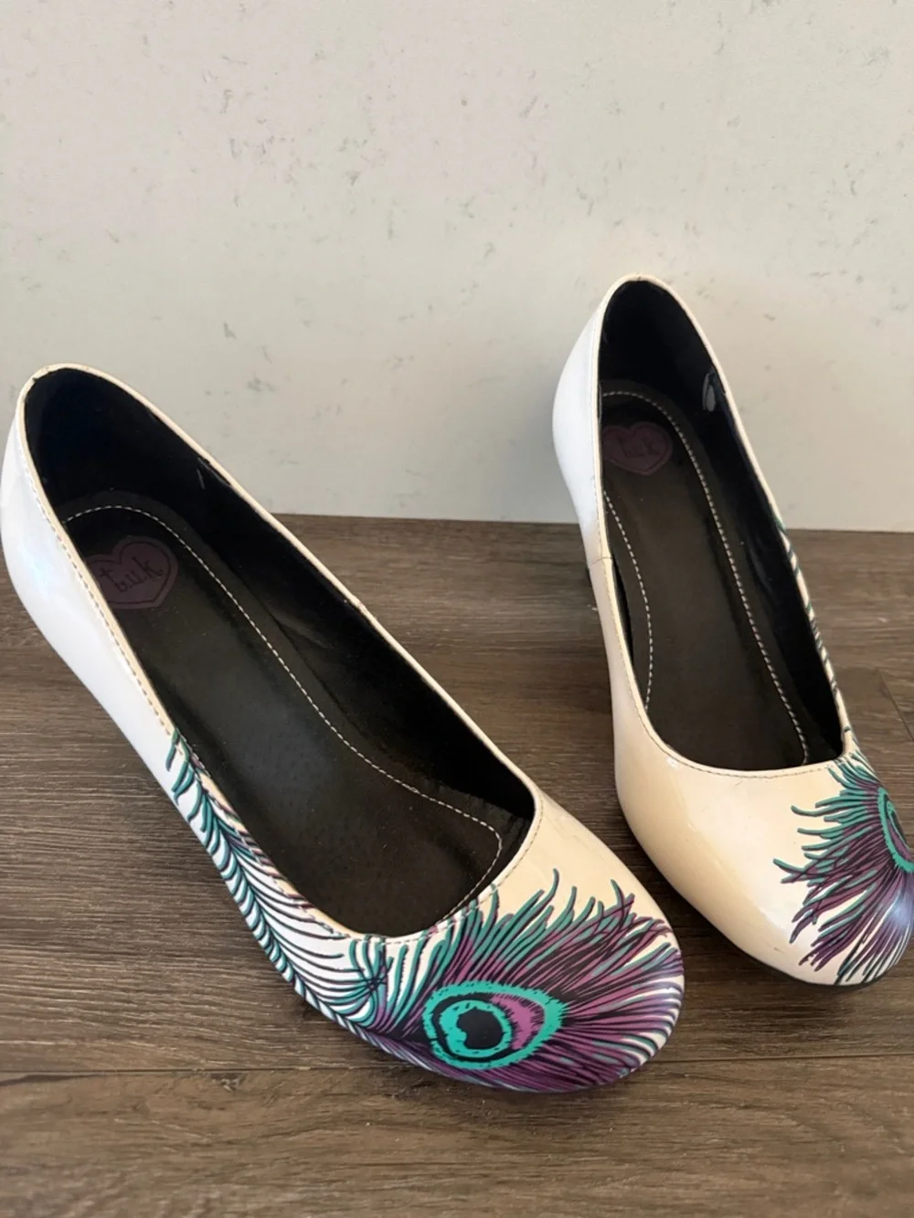 White Heels with Teal & Purple Peacock Feather Accent - Picture 7 of 9